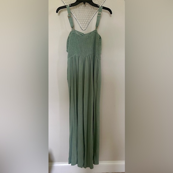 ALLIE ROSE Linen Blend Wide Leg Smocked Tank Jumpsuit Tie Front Coastal Boho | M - Picture 5 of 8